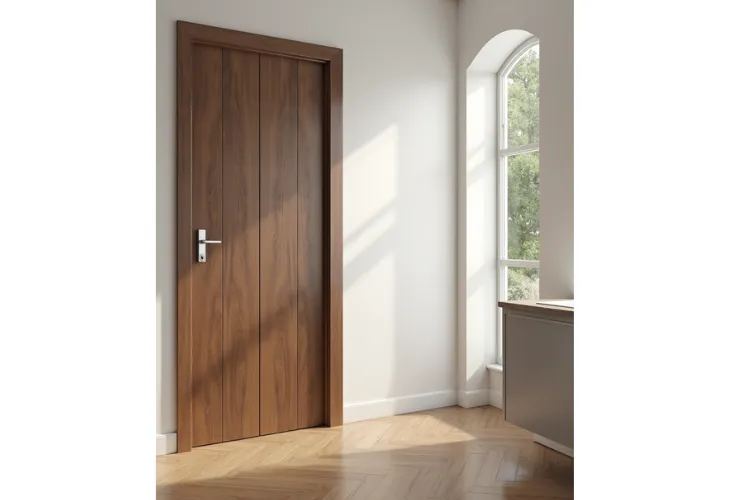  A sleek, modern interior scene featuring a simple, brown wooden door. The door has a vertical plank design with three recessed vertical grooves running down its length. It is installed in a matching wood frame and has a polished chrome or brushed nickel lever handle. The room has white walls, a chevron-patterned wood floor, and a tall arched window to the right, which lets in natural light. A small piece of furniture is visible under the window.