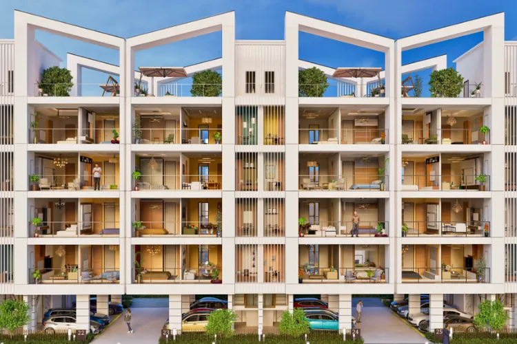 Signature Global Daxin Vistas residential building in Gurugram featuring modern multi-story architecture, rooftop terraces, private balconies, and ground-level parking.