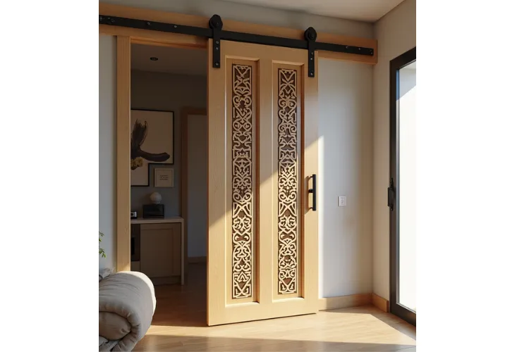 Elegant sliding wooden door with intricate carved panels and black metal track, separating a cozy living space from a bedroom.