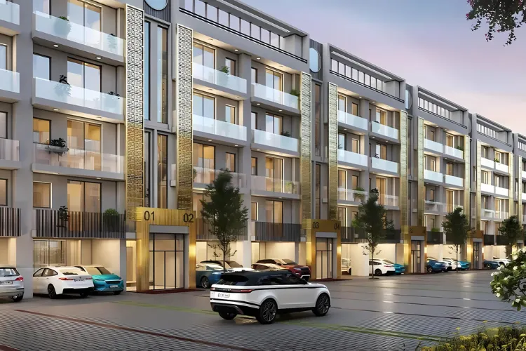Modern low-rise residential buildings at Smartworld Gems with private car parking and premium facade