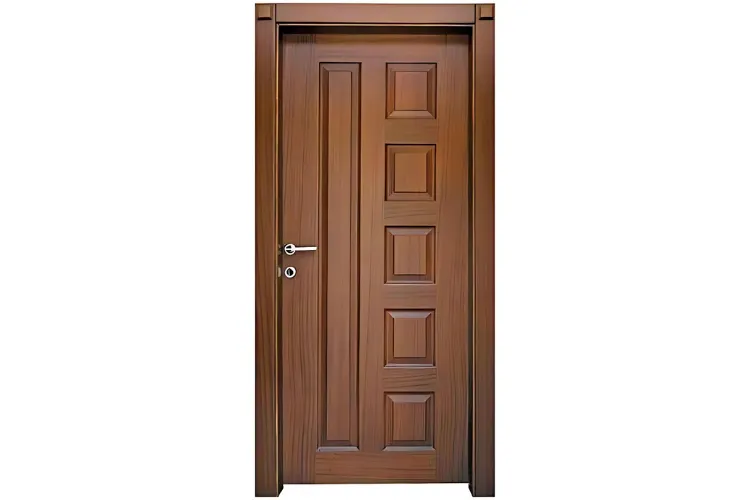  A solid, single brown wooden door with a simple and modern design. The door features five equally-sized square recessed panels stacked vertically on the right half of the door, while the left half is a smooth, solid surface. It has a brushed metal lever handle and a simple lock mechanism. The door is set in a matching wooden frame and is presented on a plain white background.