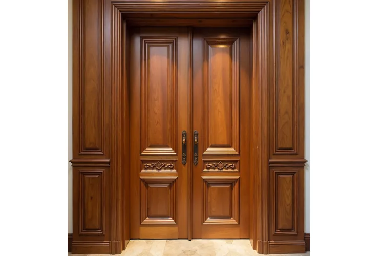 Elegant double-panel teak wood door with intricate carvings and classic handles, framed by rich wooden molding.