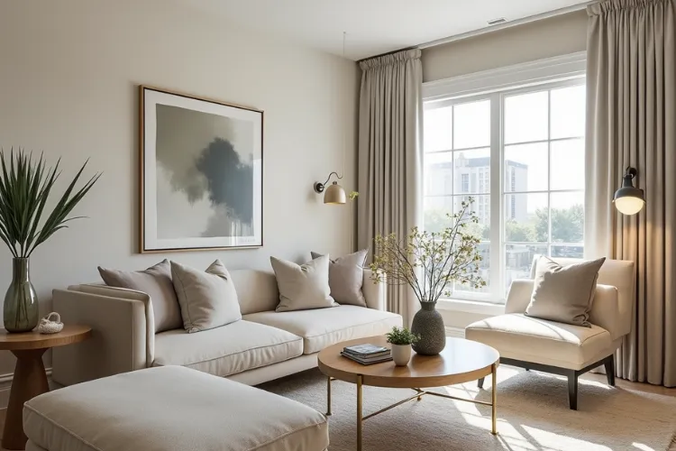Transitional modern living room with a neutral linen sectional sofa, round wood coffee table, and full-length drapery framing a large window.