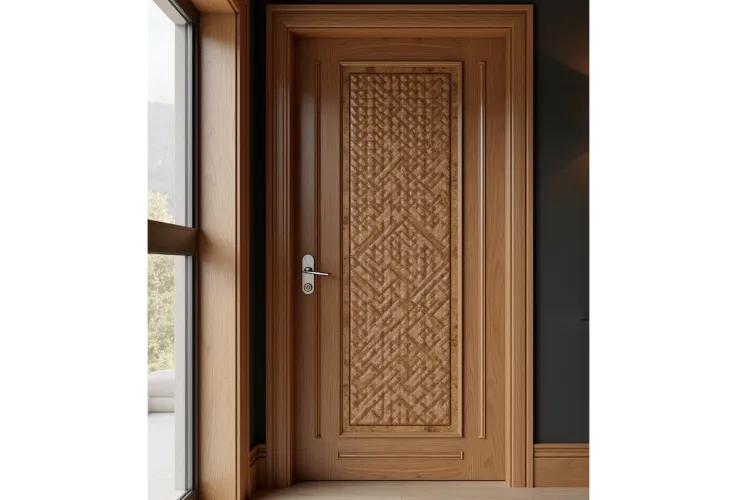 A modern wooden door with a light wood tone and a unique, decorative central panel. The rectangular panel features a complex, geometric pattern with a three-dimensional or textured appearance, resembling a woven or interlocking design. The door has a simple metal lever handle and is surrounded by a matching wooden frame and plinth blocks. The room has dark gray walls, a light wood floor, and a large window or glass door is visible to the left.