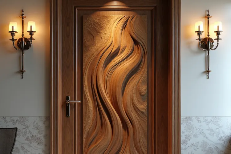 Luxurious wooden bedroom door with a carved waterfall-inspired design, flanked by vintage wall sconces with warm lighting
