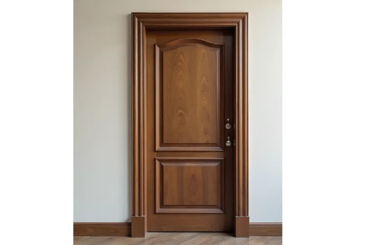  A full-frame shot of a single, classic wooden door with a matte finish. The door is a medium brown color with visible wood grain and features two recessed panels, one larger arched panel at the top and a smaller rectangular one below. It is set within a matching, wide wooden frame with a detailed, sculpted architrave and plinth blocks at the base. The door has a silver or brushed nickel handle and lock set. The surrounding walls are a neutral light color, and the floor is a light wood.